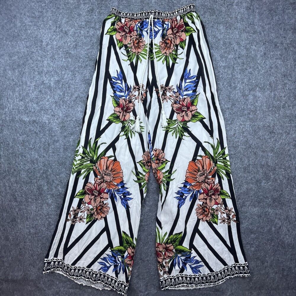 Free‎ Market Pants Women Small Multicolor Floral Stripe Tassel Wide Leg Palazzo